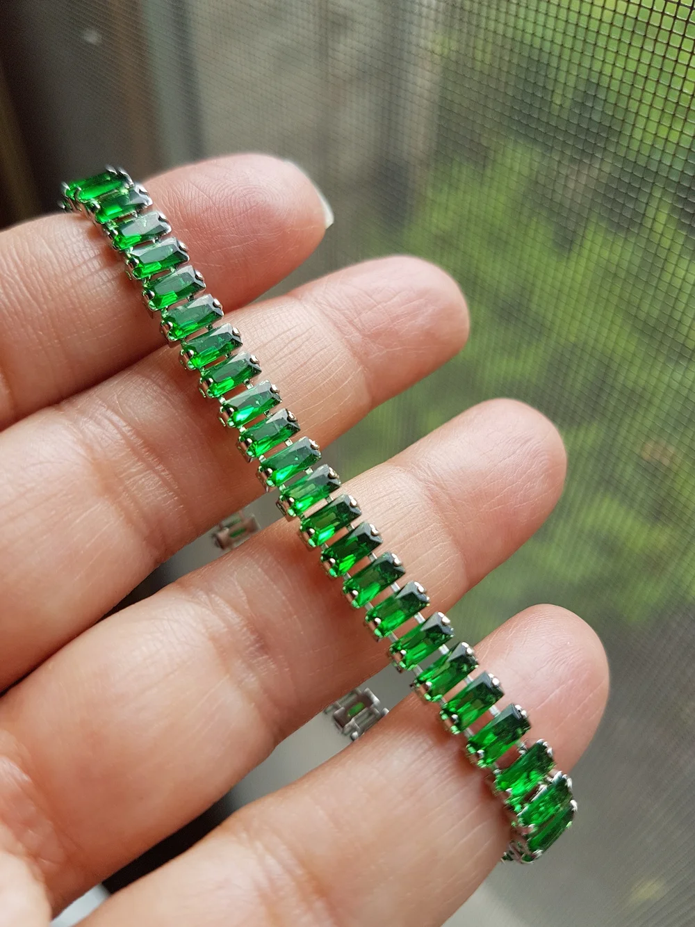 Swarovski Elements Silver Emerald Green Emerald-cut Baguette Tennis Bracelet NEW